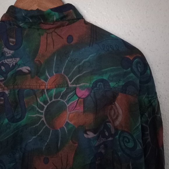 Punch Vintage L Silk Button Down Volcano Sun Pattern Top Blouse Turquoise Tan - Picture 4 of 16